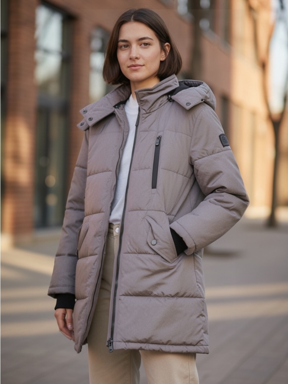 Women's Tawny Grey Long Quilted Puffer Coat with Detachable Hood Sz medium